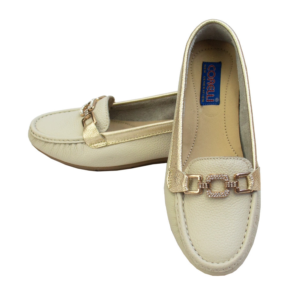 MOCASIN CHATO CADENA VAINILLA /PLATINO