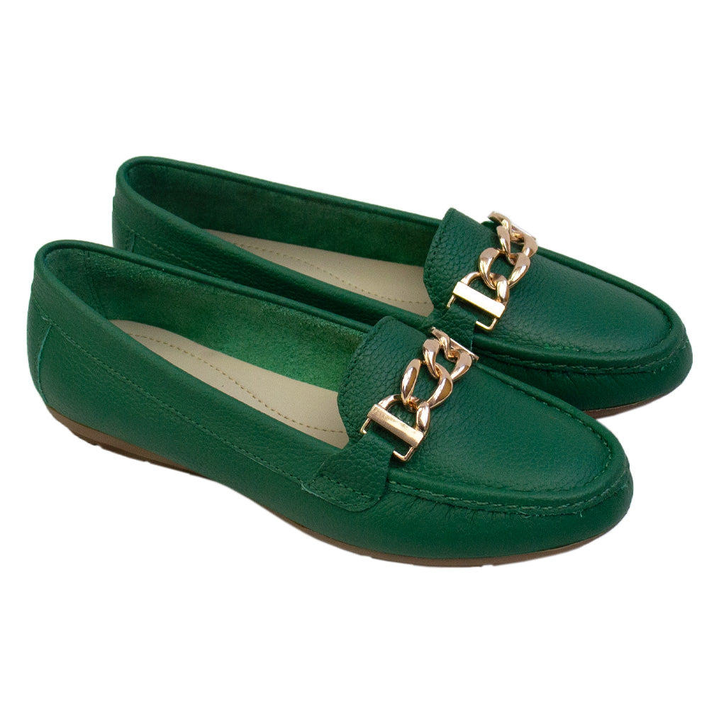 MOCASIN CHATO CADENA VERDE HOJA