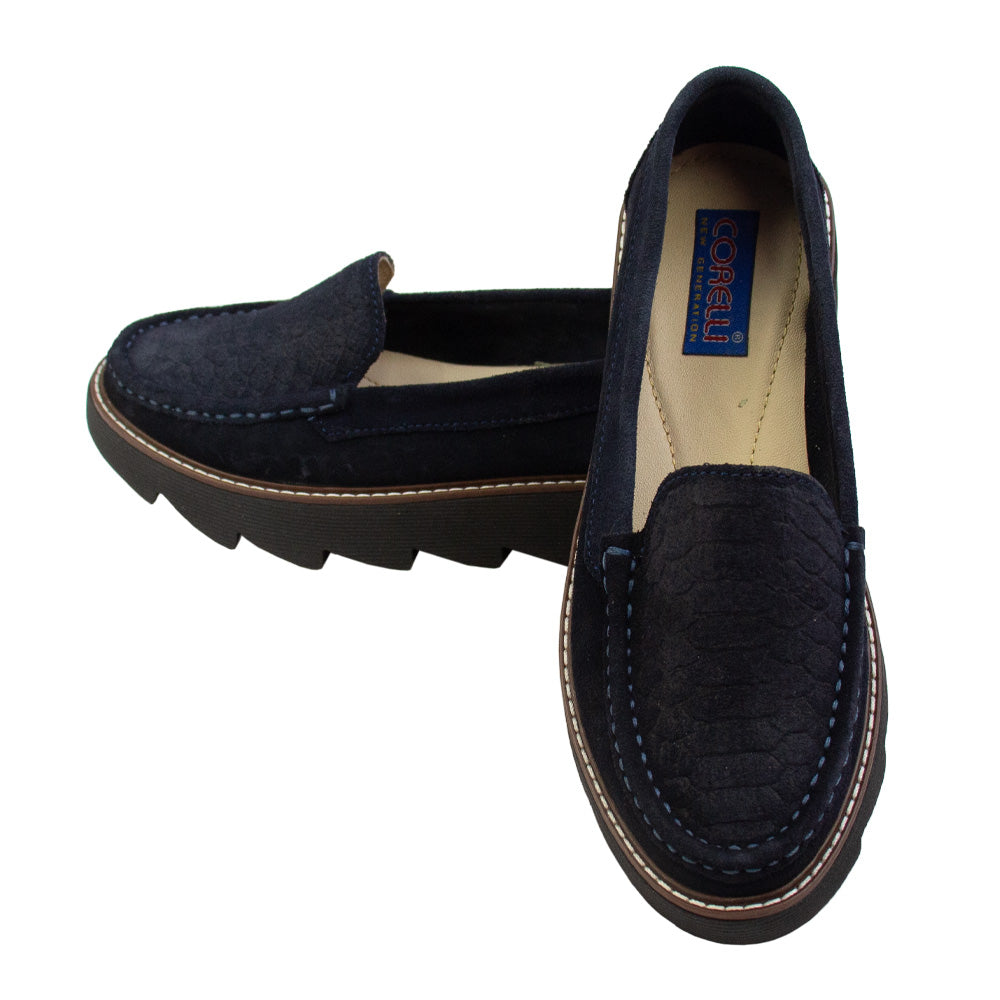 MOCASIN ESTER II GAMUZA AZUL-CERCO NEGRO