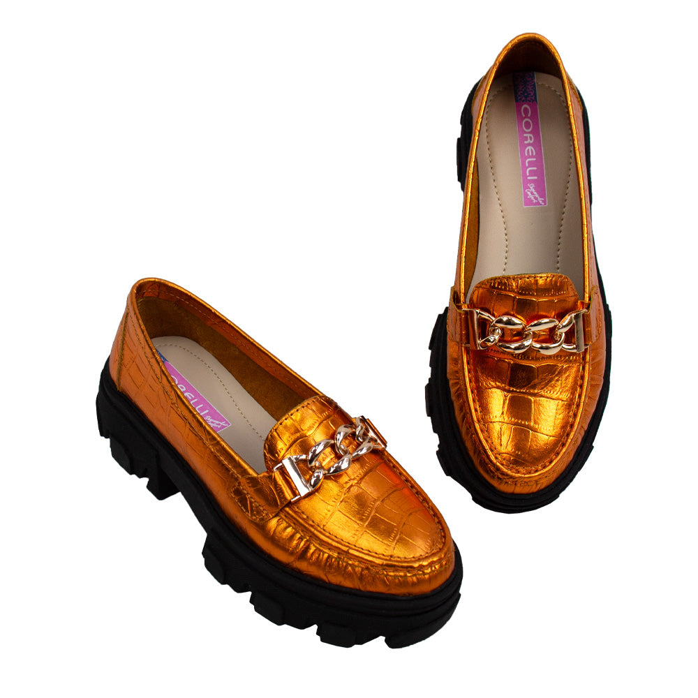 MOCASIN CHUNKY PLATAFORMA PARIS FOLIA CROCO NARANJA