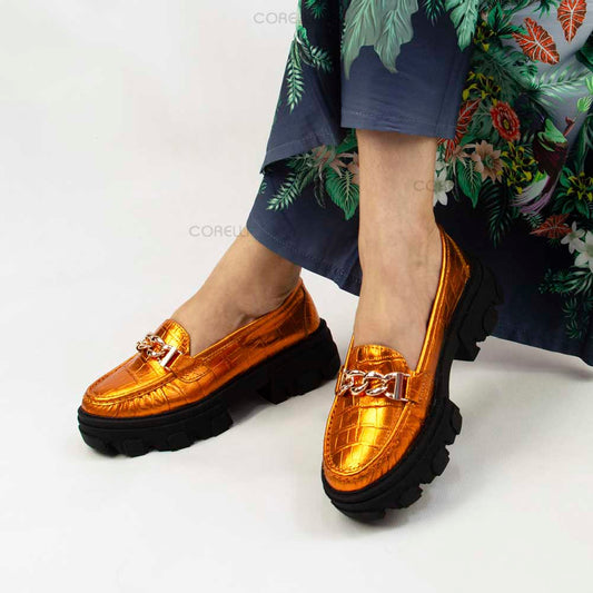 MOCASIN CHUNKY PLATAFORMA  PARIS  FOLIA CROCO NARANJA