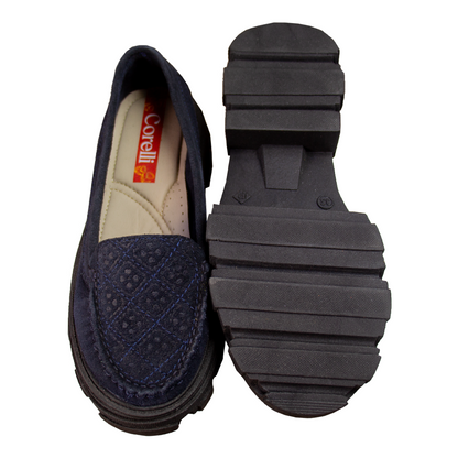 MOCASIN CHATO CLEO GAMUZA AZUL -CHUNKY NEGRO