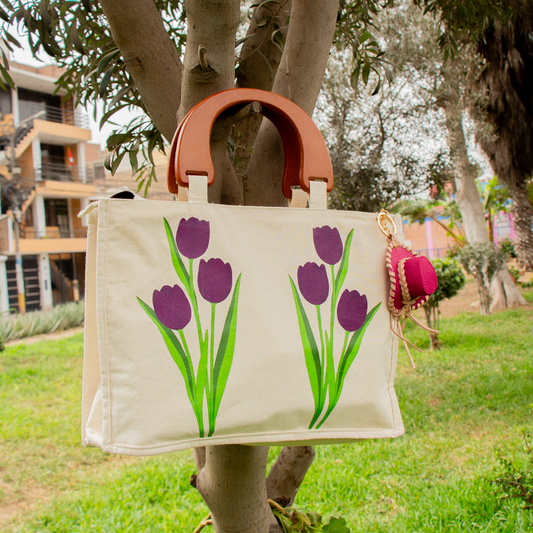BOLSO YUTE TULIPANES CON ASA DE MADERA
