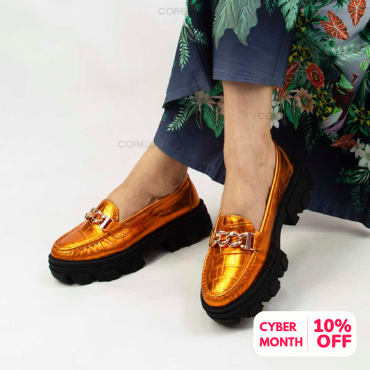 MOCASIN CHUNKY PLATAFORMA  PARIS  FOLIA CROCO NARANJA