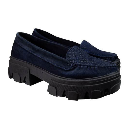 MOCASIN CHATO CLEO GAMUZA AZUL -CHUNKY NEGRO