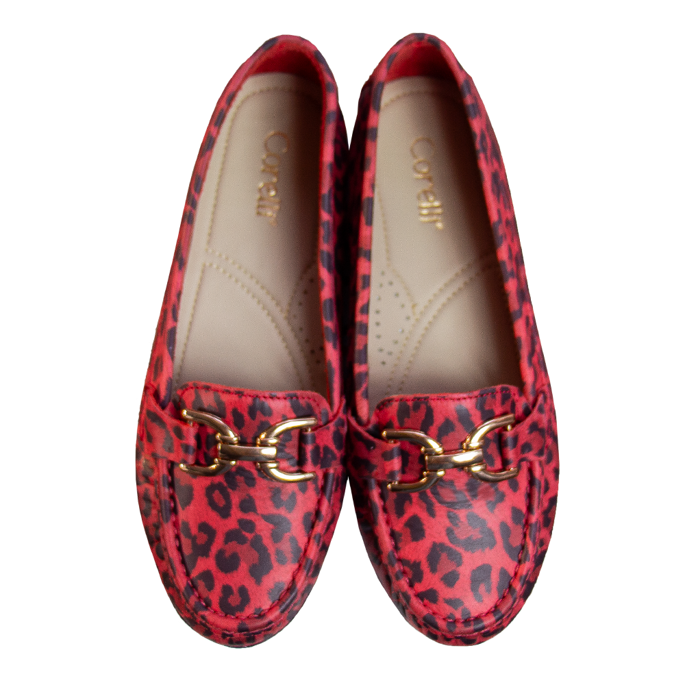 MOCASIN CHATO DOLCE ANIMAL PRINT ROJO