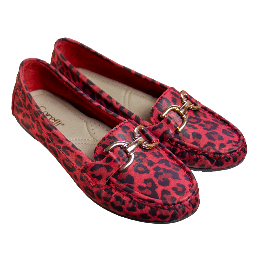 MOCASIN CHATO DOLCE ANIMAL PRINT ROJO