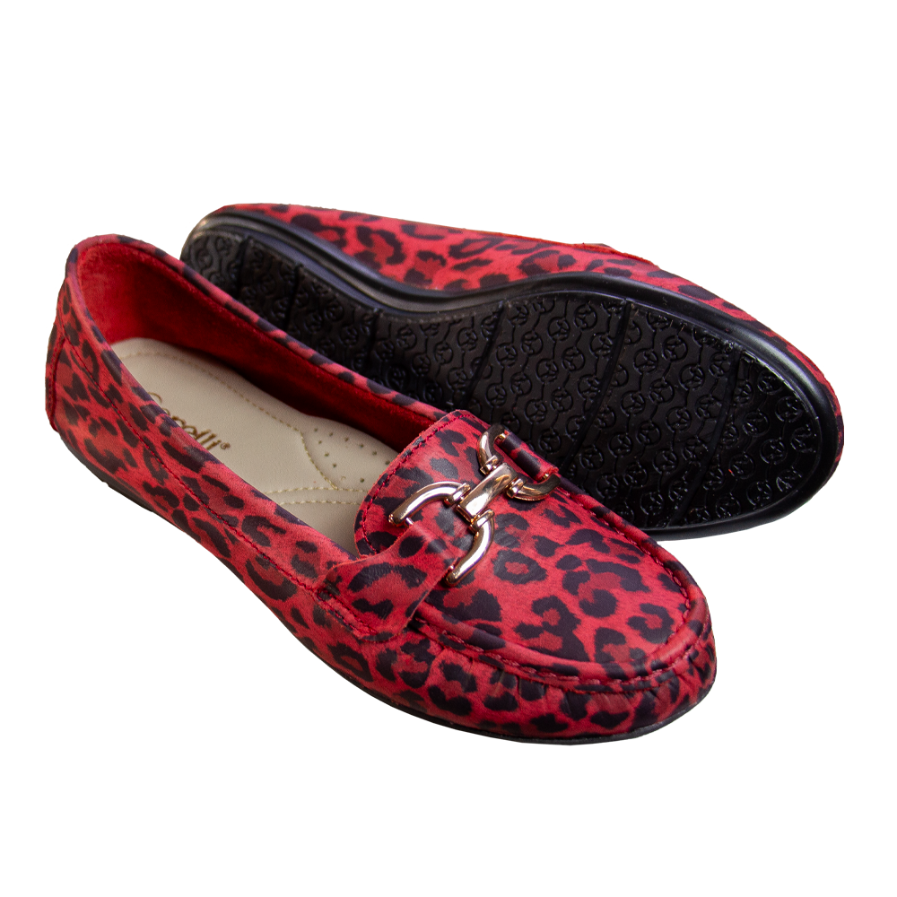 MOCASIN CHATO DOLCE ANIMAL PRINT ROJO