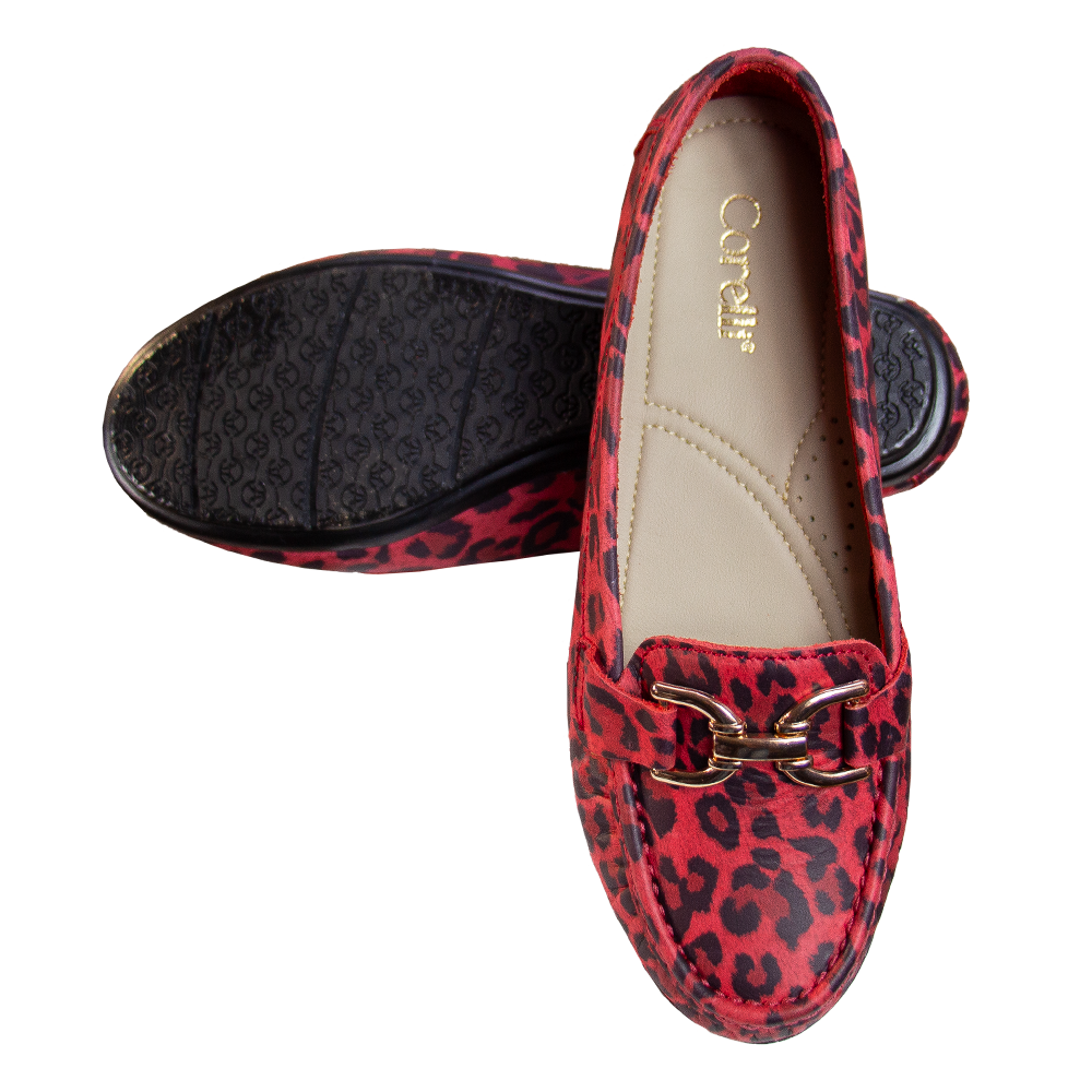 MOCASIN CHATO DOLCE ANIMAL PRINT ROJO