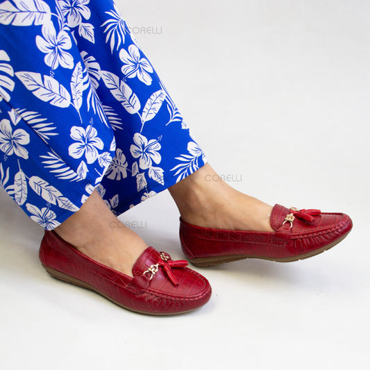 MOCASIN CHATO POMPOM CROCO ROJO